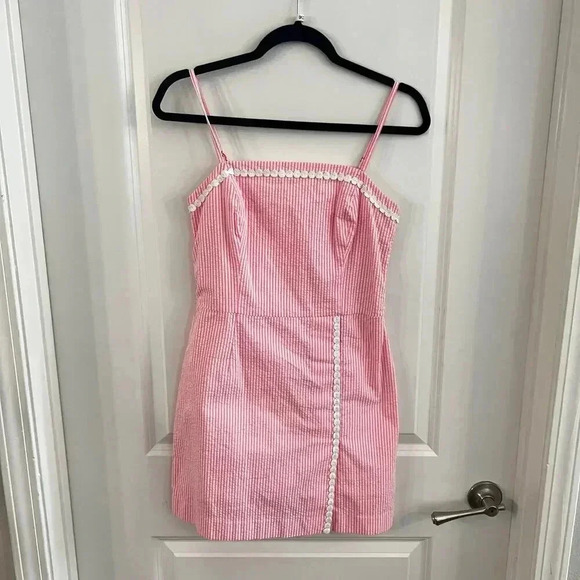 LILLY PULITZER Jesse Romper PINK COSMO STRIPE SEERSUCKER Size 2 - Picture 2 of 7